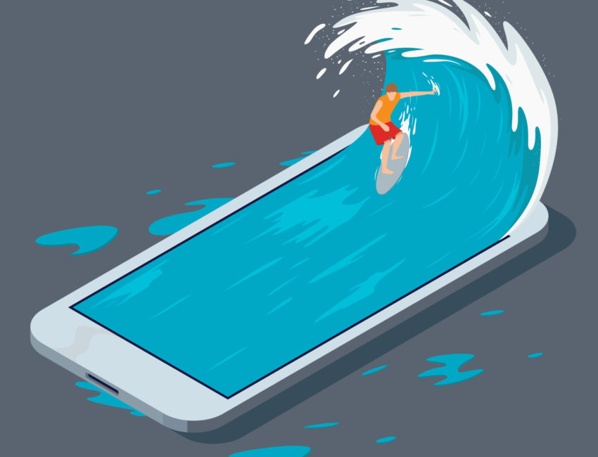 Surfer surfing a phone wave vector illustration. Surfing the web
